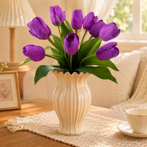10 Stems 14 Inch Tulips Artificial Flowers Realistic Faux Flowers - color: Purple