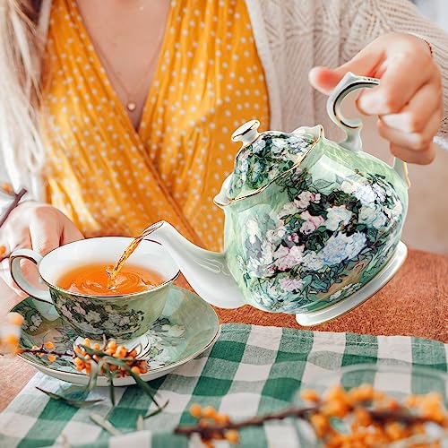 Teapot 30 oz Vangogh Paintings Bone China Loose Tea Pot Floral Design Vintage Ceramic Coffee Water Pot European Style Porcelain (White Rose) - color: White Rose