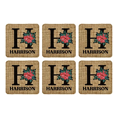 Smile Art Design Family Monogram CUSTOM COASTER Set of 6 with base Square Burlap Material Family Name Personalized Prints Personalized Gifts House warming Wedding Gift Living Room Rustic Decor Style6 - color: Style 06, size: Set of 6 - Square Coaster