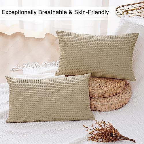 PHF Cotton Waffle Lumbar Pillow Covers 12" x 20", Khaki, No Insert - color: Khaki, size: 20" X 12" (Pack of 2)