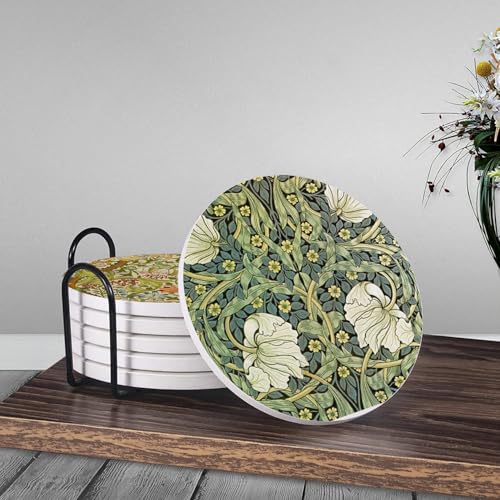 HUXJOKO Coasters for Drinks Set of 6,William Morris Floral Pattern Absorbent Ceramic Coaster,Round Stone Mat,with Cork Base and Metal Holder for Coffee Table Room Bar Home Decor Housewarming Gifts - color: William Morris 2, size: Round