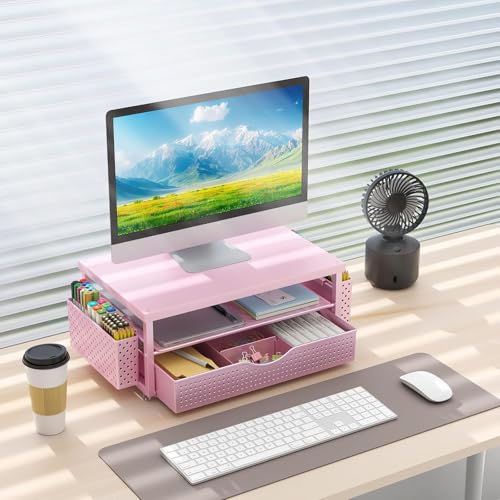 gianotter Monitor Stand with Drawer and 2 Pen Holders (Matte Pink) - color: Matte Pink
