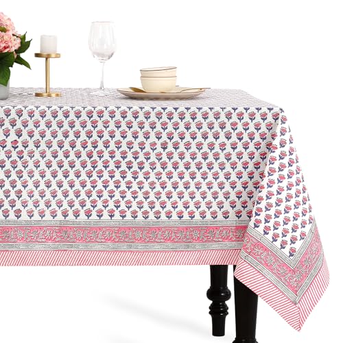 CPC Tablecloth 100% Cotton 60x60 Inch Indian Block Print Square Table Cover, Table Cloth for Weddings, Spring/Summer, Barbeque - Pink Sapphire - color: Pink Sapphire, size: 60" x 60" (Square)