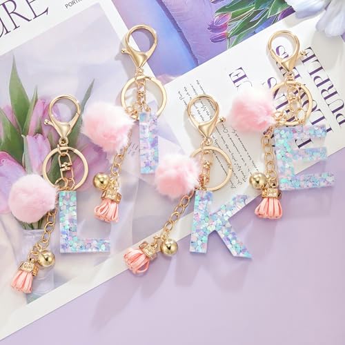 Resin Alphabet Initial Letter Keychain Keyring for Women Purse Handbags With Fur Ball Pom - color: Pink Fur Ball Letter E