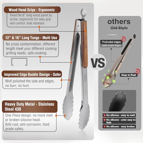 16" & 12" Heavy Duty Stainless Steel Grill Tongs, 2-Pack - color: Solid Wood