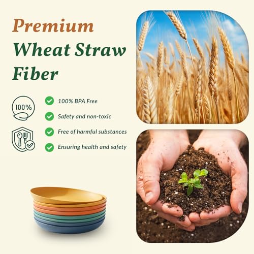Homienly Deep Dessert Plates Unbreakable Wheat Straw Dinner Plates 8 PCS Microwave & Dishwasher Safe Plates Sets for Kitchen, Camping, Reusable Plastic Plates for Kids, Appetizer (Colorful, 8 inch) - color: Classic Bright, size: 8 Inch