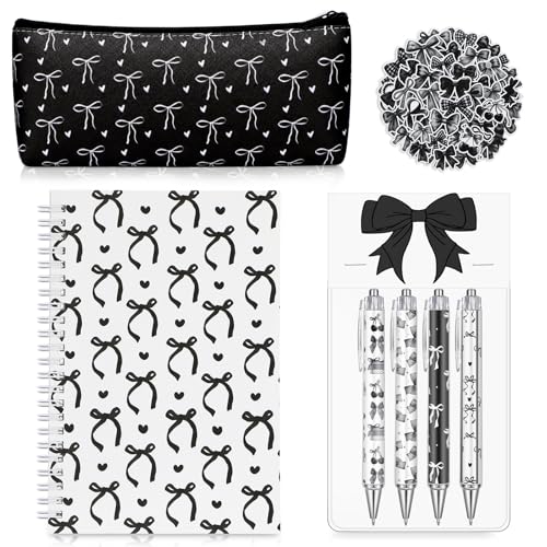Sayglossy Black Bow Set Pen Spiral Notebook Journal Pencil Case Sticker - color: Black