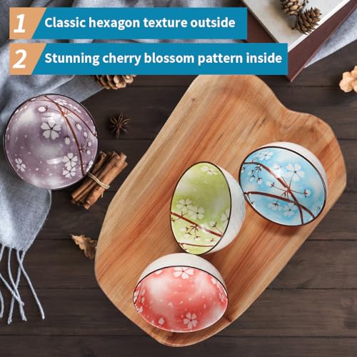 Ceramic Rice Bowls 10 oz, Sakura Bowl Gift Set, Assorted Color Dinnerware Serving Bowls for Rice, Cereal, Noodle, Soup, Desserts, Pack of 4 (Cherry Blossom) - color: Sakura, size: 4 Pack
