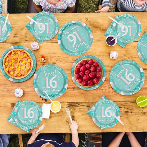 96Pcs Teal Sweet 16th Birthday Party Decorations, Serves 24 - style: Peacock Blue 16th Birthday
