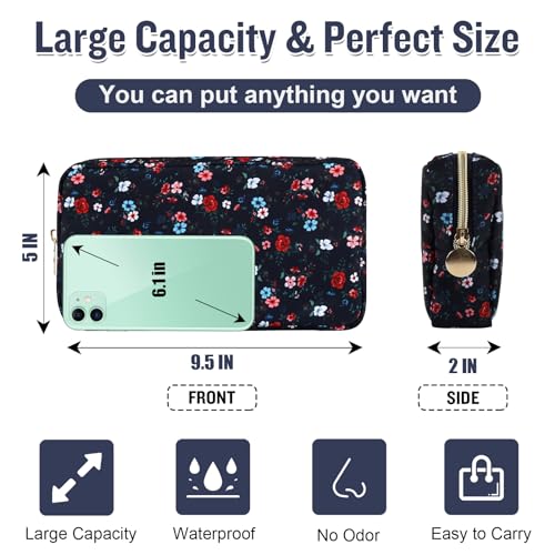 Nylon Small Floral Makeup Bag for Purse, Cute Preppy Makeup Bag Cosmetic Zipper Pouch Purse, Waterproof Portable Travel Set Toiletry Bag Make Up Brush Bag Organizer Storage for Women(Navy Blue-Flower) - color: Navy Blue-Flower, size: Small