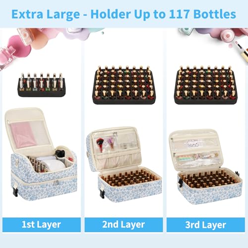 Extra Large Nail Polish Organizer - Three Layer Nail Organizers And Storage Bag, Portable Nail Supplies Organizer Case, Nail Tech Kit Travel Carrying Box with Shoulder Strap (Floral Blue, 117 Slots) - color: Floral Blue, size: 117 Slots