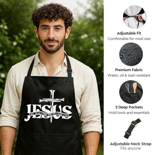 Funny Black Grill Apron with Pockets for Man,Dad,Husband,Father in Law,Chef Daddy Grilling Apron BBQ Cooking Gifts - color: Jesus Apron