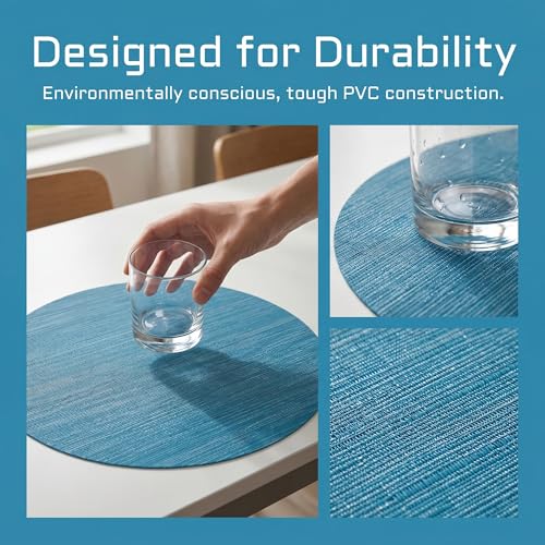 Round Imitation Bamboo PVC Placemats Set of 6,Countertop Protector - color: Blue