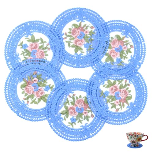 FITNXT 4.5'' 8pk Crocheted Flower Cloth doilies, Blue Vintage Inspired Coasters for Drinks, Rose Lace Tea Cup doilies for Tea, Home Decor, Wedding, Tabletop Decoration (Indigo), AMLS01 - color: Indigo