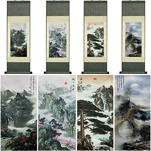 AtfArt Silk Scroll Painting, Waterfall Landscape, Set of 4, 36.2x12in - color: A8