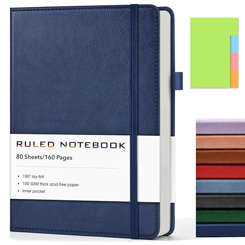 Lined Journal Notebook, A5 Hardcover Leather Journals for Writing, 160 Numbered Pages, 5.7'' x 8.3'' Journaling Notebooks for Men Women, Thick Paper College Ruled Journal for Work Office School, Navy - color: Navy, size: Lined