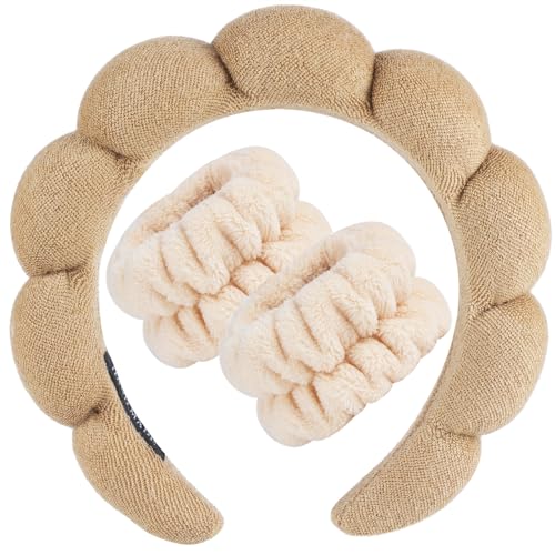 Zkptops Spa Headband for Washing Face Wristband Set Sponge Makeup Skincare Terry Cloth Bubble Soft Get Ready Hairband for Women Girl Puffy Padded Headwear Non Slip Thick Hair Accessory(Brown) - color: YR Brown