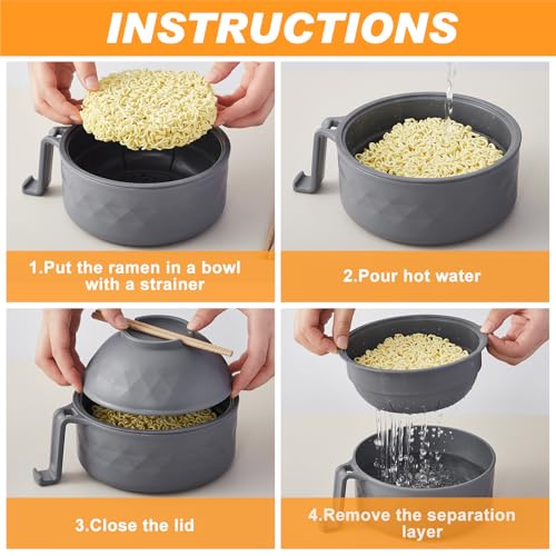 6 Pcs Microwave Ramen Cooker Set 40oz Bowl, Grey - color: Gray