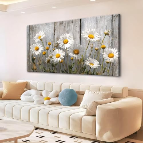 KZKU Rustic Daisy Canvas Wall Art-White Flowers on Weathered Wood Background-Large Modern Farmhouse Decor for Living Room Bedroom 24X48in - color: grey, size: 48"L x 24"W