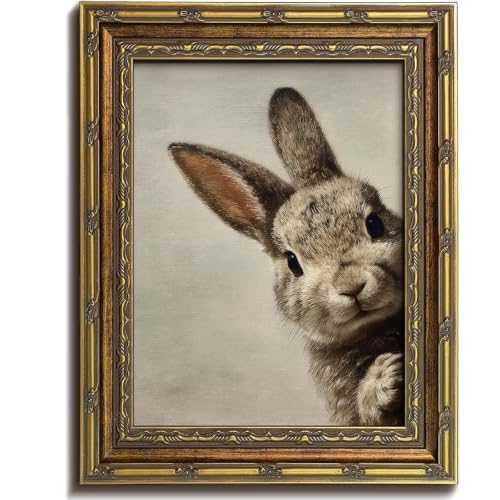 Vodefoad Vintage Rabbit Gold Framed Wall Art, Easter Peeking Bunny Canvas Wall Art Print, Antique Animal Neutral Vintage Artwork Pictures, Farmhouse Easter Framed Decor, Moody Rabbit Art for Gallery Bedroom Kitchen Office Living Room Bathroom Decor - 9x12