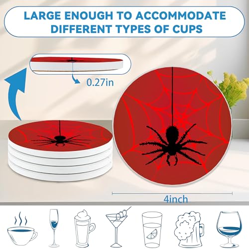 Drinks Coasters Set of 4, Cool Red Spider Round 4" Cup Coasters, Absorbent Ceramic Stone Coasters with Cork Base, Cute Coasters for Table Home Décor, Ideal Gifts for Women Men - color: Cool Red Spider