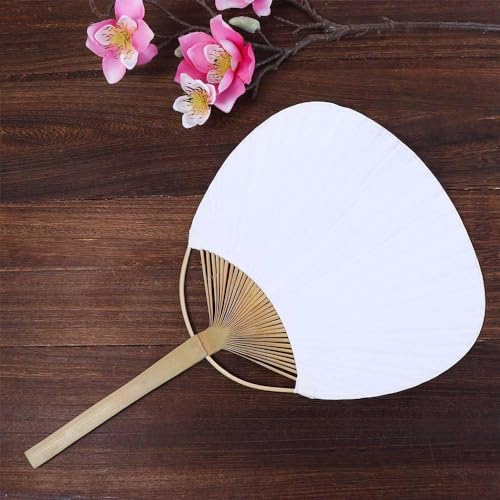 Kopida White Paddle Fan, Blank Pattern Summer Bamboo Hand Paper With Long Handle, Decorative Chinese for Home Desk Ornament