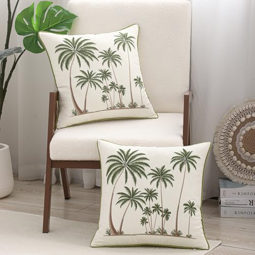 Palm Tree Embroidered Throw Pillow Covers 18x18 Pack of 2 - color: Tropical Palm Trees Green