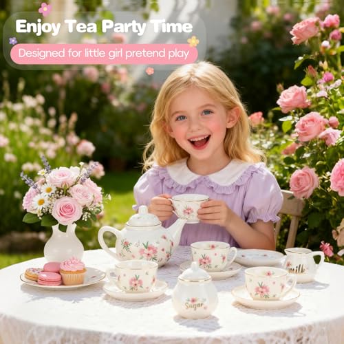 Porcelain Tea Set for Toddlers, Tea Party Set for Little Girls, Pink Floral Teapot Cup Saucer Carry Case, Princess Party Pretend Play Kids Toys, Toddler Girl Birthday Gifts Age 3 - 8 Years Old - style: B. Picnic Garden Tea