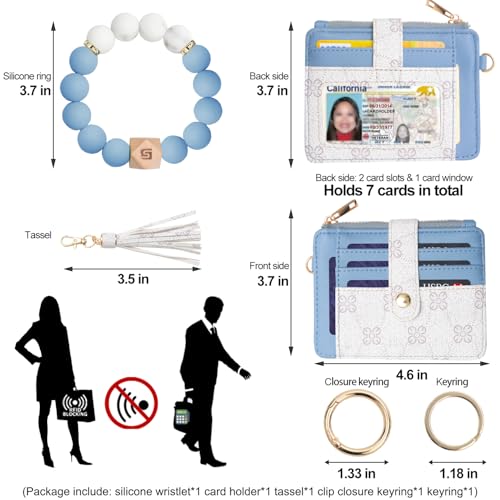 COOLANS Silicone Bracelet Wristlet Wallet Credit Card Holder RFID ID Window Key Ring Tassel Slim Wallet Women Keychain Purse - color: Blue White