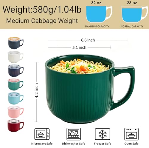 Ceramic Soup Bowl with Handle & Lid, 32oz Microwave Ramen Bowl Set of 2 - color: Forest Green 2pcs-32, size: 32 OZ