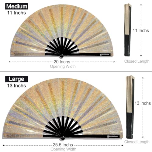 Large Rave Fan, Clack Folding Hand Fan with Premium Fabric, Thick Bamboo Frame for Men Women Gift for EDM, Festival, Club, Party, Dance, Decoration (Lridescent Beige, 13") - color: Lridescent Beige, size: 13"