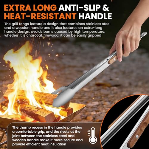 16-Inch Grilling Tongs,Extra Long BBQ Tongs Barbecue Tong with Wood Handles