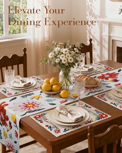 Embroidered Placemats Set of 6-13"x 18" 6PCS Embroidered Rustic Washable Fabric Place Mats Farmhouse Boho Dining Table Mats Dinner Placemats, Colorful Flower - color: Colorful Flower