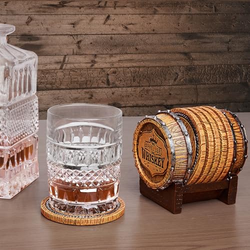 Cabin Obsession Whiskey Barrel Coaster Set – Handcrafted Whiskey Barrel Decor for Whiskey Lovers and Man Cave Gifts for Men - 6 Full Size Whiskey Coasters with Barrel Style Holder for Man Cave Décor - style: Whiskey Coasters