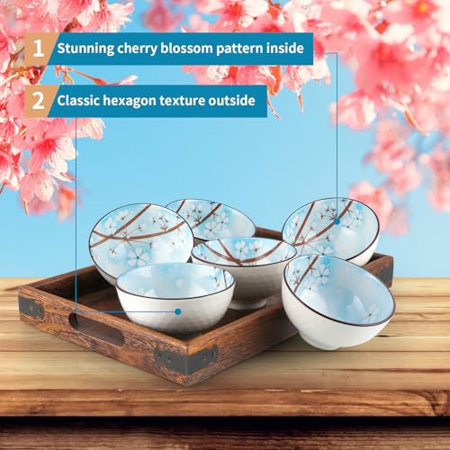 Ceramic Rice Bowls 10 oz, Sakura Bowl Gift Set, Dinnerware Serving Bowls for Rice, Cereal, Noodle, Soup, Desserts, Pack of 6 (Blue) - color: Blue