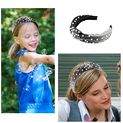 LOVNFC Womens Headbands 6 Pcs Knotted Head Bands No Slip Fashion for women Girls Wide Top Knot Turban Hair Bands Velvet Hair Hoops Hairband (gray blue pink) - color: Pure color with pearl B