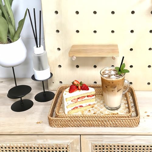 i-lan 2-Piece Rectangular Rattan Serving Trays with Mother of Pearl Inlay – Decorative Handwoven Trays for Coffee Table, Ottoman & Home Organization – Nested Set (13" & 11.5")