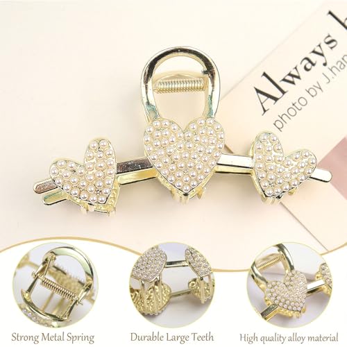 Pearls Heart Hair Clips Valentines Day Hair Accessories for Women Girls Pearl Gold Metal Hair Claw Clips Shiny Hearts Hairpins Strong Hold Hair Clip for Thick or Thin Hair Decoration 1 Pcs - color: A