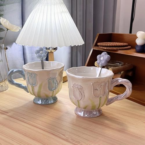 Ceramic Coffee Mug 14oz/410ml Blue Cute Flower with Spoon - color: Pearlescent Blue, size: Large