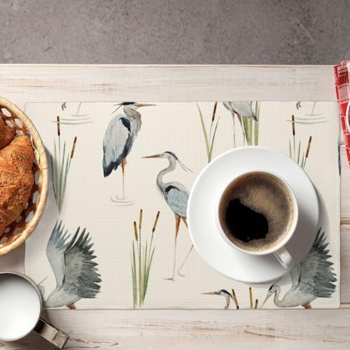 Grey Heron Blue Birds Floral Placemats Set of 4 12x18 Inch - color: Beige Blue, size: Set of 4