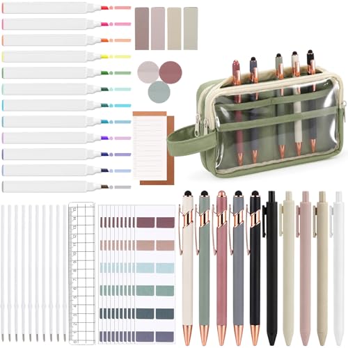 Crtiin 52 Pcs Aesthetic Pencil Pouch Set with Pen Highlighters, Green - color: Green
