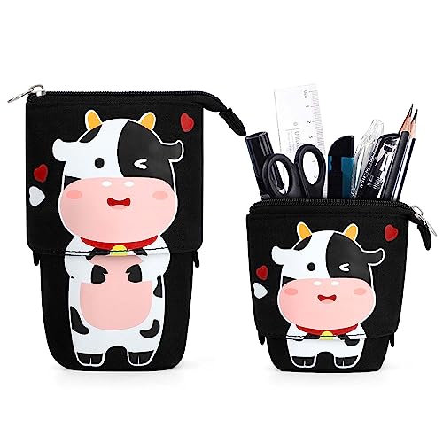 Cute Standing Pencil Case for Kids, Pop Up Pencil Box Makeup Pouch, Christmas Gift Kids Canvas Pen Holder Organizer Cosmetics Bag, Kawaii Stationary (Baby Cow) - color: Baby Cow