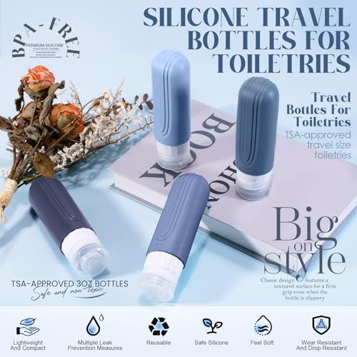 Travel Bottles for Toiletries, 3oz TSA Approved Travel Size Toiletries, Silicone Leak-Proof Refillable Containers, Squeezable Liquid Essentials Bottles W/Clear Bag (BLUE) - color: BLUE