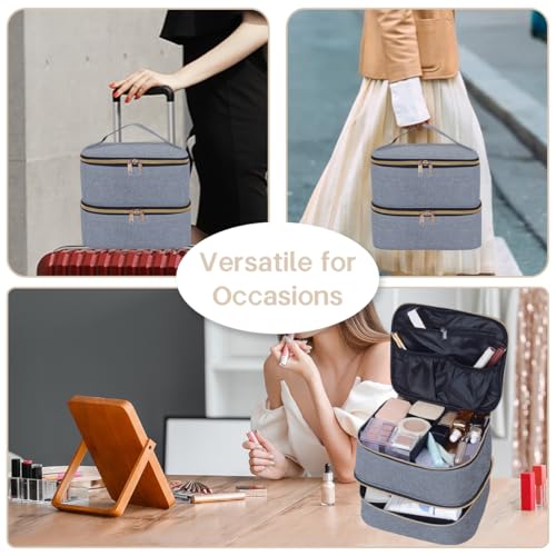 Double Layer Makeup Bag with Adjustable Dividers, Gray Gold - color: Grey Gold