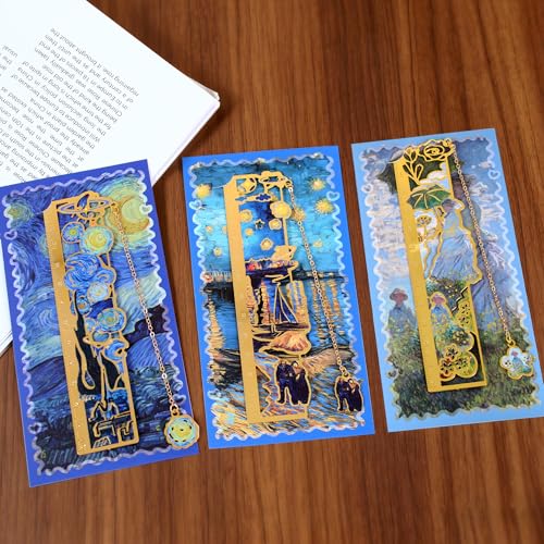 3Pcs Oil Painting Hollow Metal Bookmarks, Art Series Ruler Bookmarks