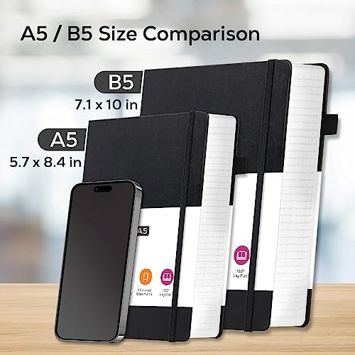 FOCUS DAY Journal Notebooks College Ruled, Thick Notebook Journal with 100GSM Paper, B5 Large Lined Notebook Journal for Women & Men, 7.1'' X 10'', 320 Pages, Black Leather Notebook - color: 2.Black, size: B5