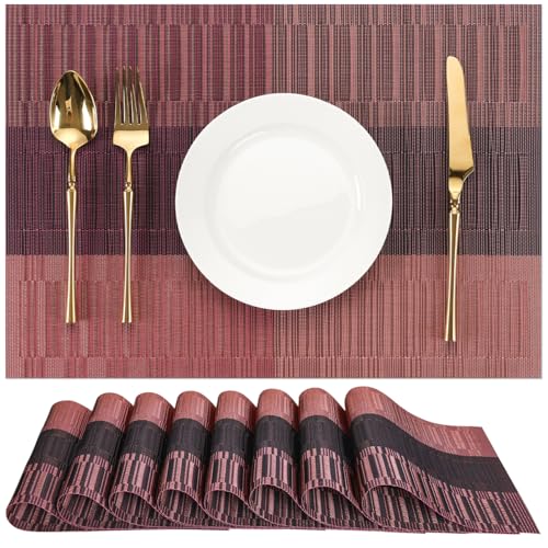 Placemats Set of 8, Vinyl Woven Heat-Resistant Place Mats - color: Purple Red, size: Set of 8