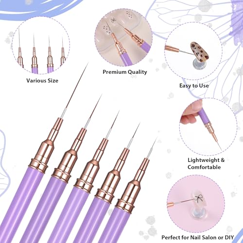 5PCS Nail Liner Brushes, Metallic Nail Art Brushes Set, Superfine Liner Brush Kit for Gel Polish, Detail Painting and Drawing, Professional Nails Salon Tools