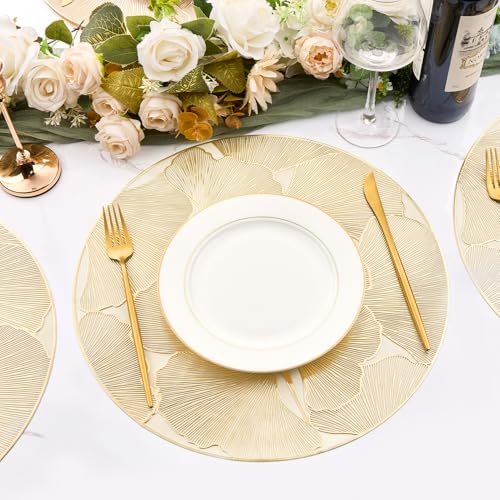 Gold Round Placemats Set of 6 Metallic Pressed Vinyl Place Mats 15 Inch - color: Gold Ginkgo