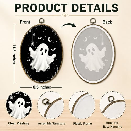 Black White Ghost Oval Wall Art, Framed Canvas Decor, 8.5x11.5 Inch - color: Simple Ghost Bat Spider Black